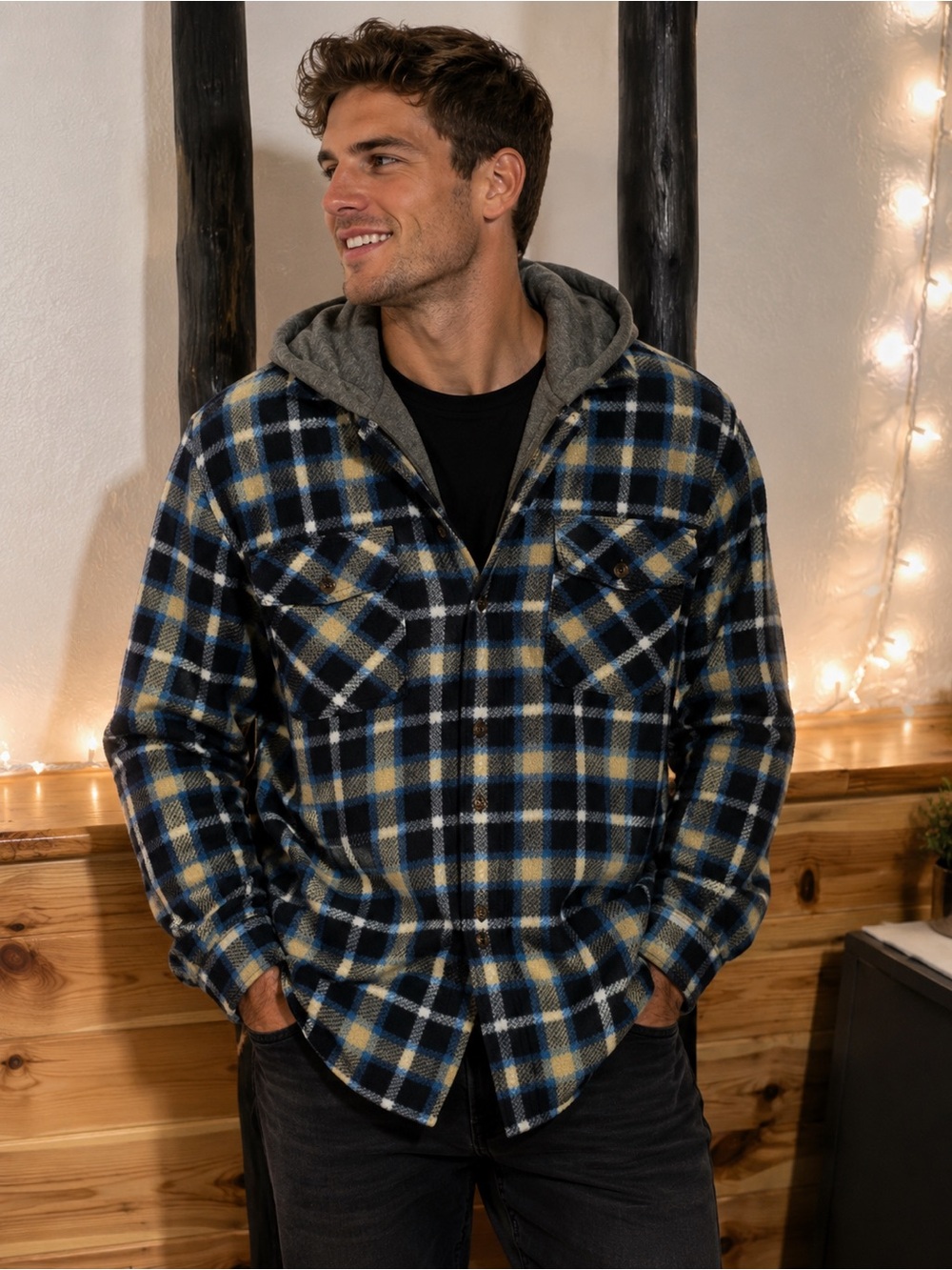 Men's Blue and Cream Plaid Lightweight Hooded Shirt Jacket